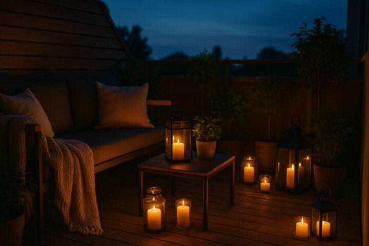 balkong med levande ljus