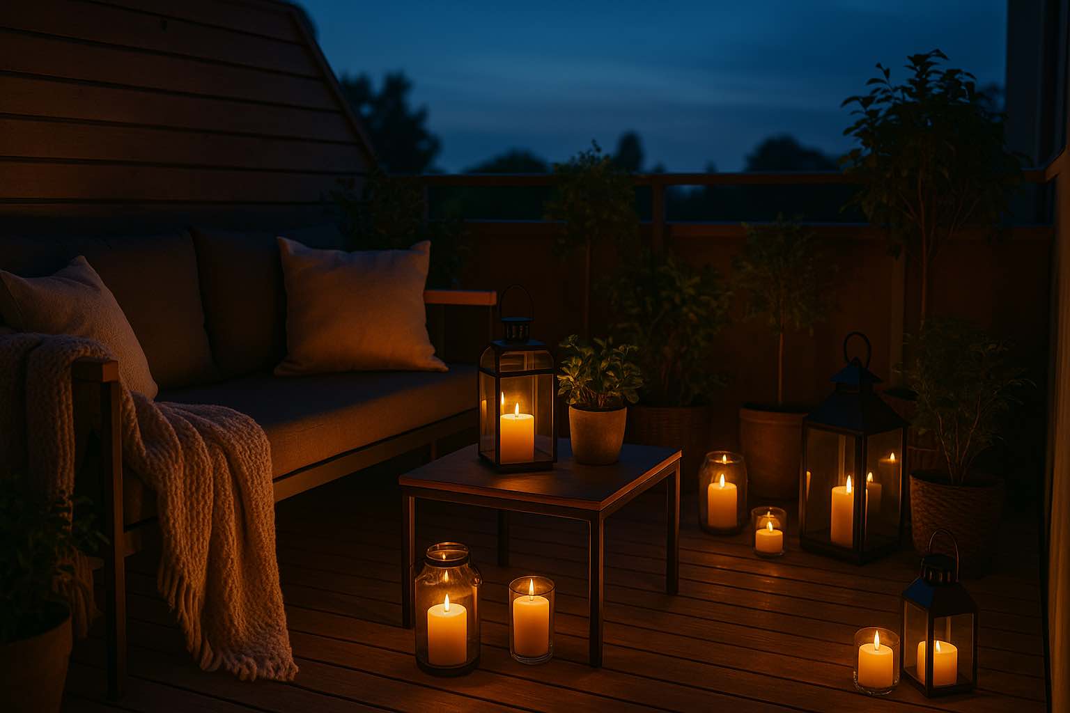 balkong med levande ljus